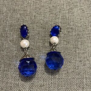 Blue and Silver Pierced Dangle Earrings. Faux pearl accent.